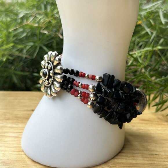 VTG Flower Sterling Silver Bracelet Buffalo Nickel Clasp Black Onyx Red Beads - Picture 9 of 15
